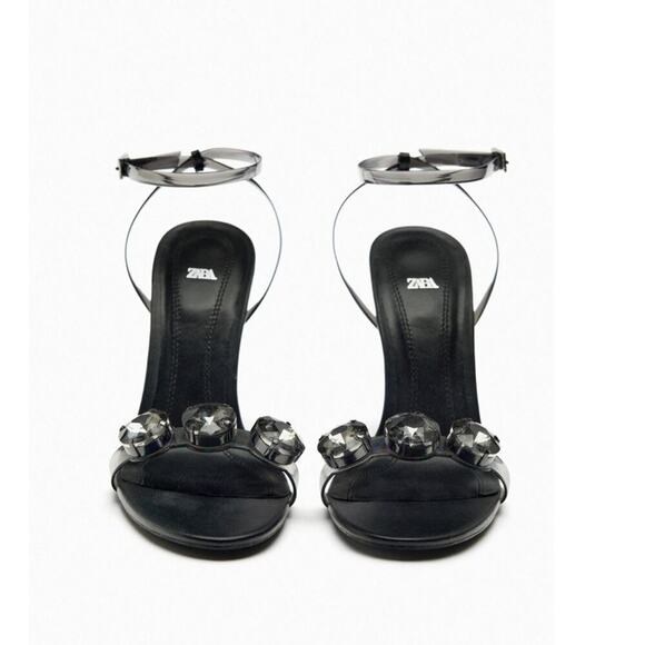 Zara EMBELLISHED VINYL HEELED SANDALS - Picture 2 of 16